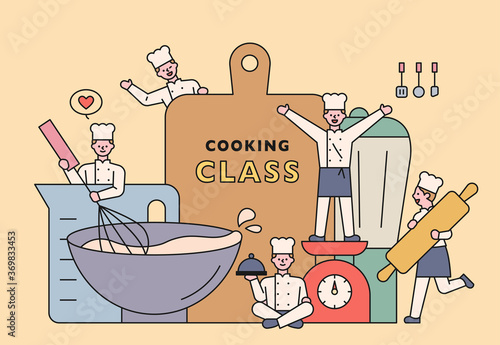 Characters in chef uniforms are greeting around the giant kitchen utensils. flat design style minimal vector illustration.
