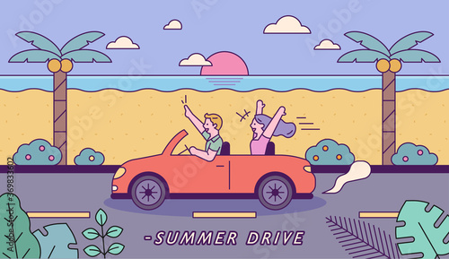 Couples driving summer beaches. flat design style minimal vector illustration.