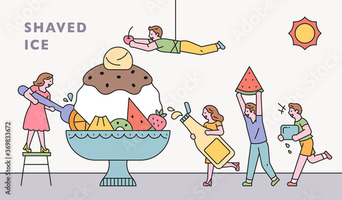 Small and cute people are making huge Shaved Ice dessert. flat design style minimal vector illustration.
