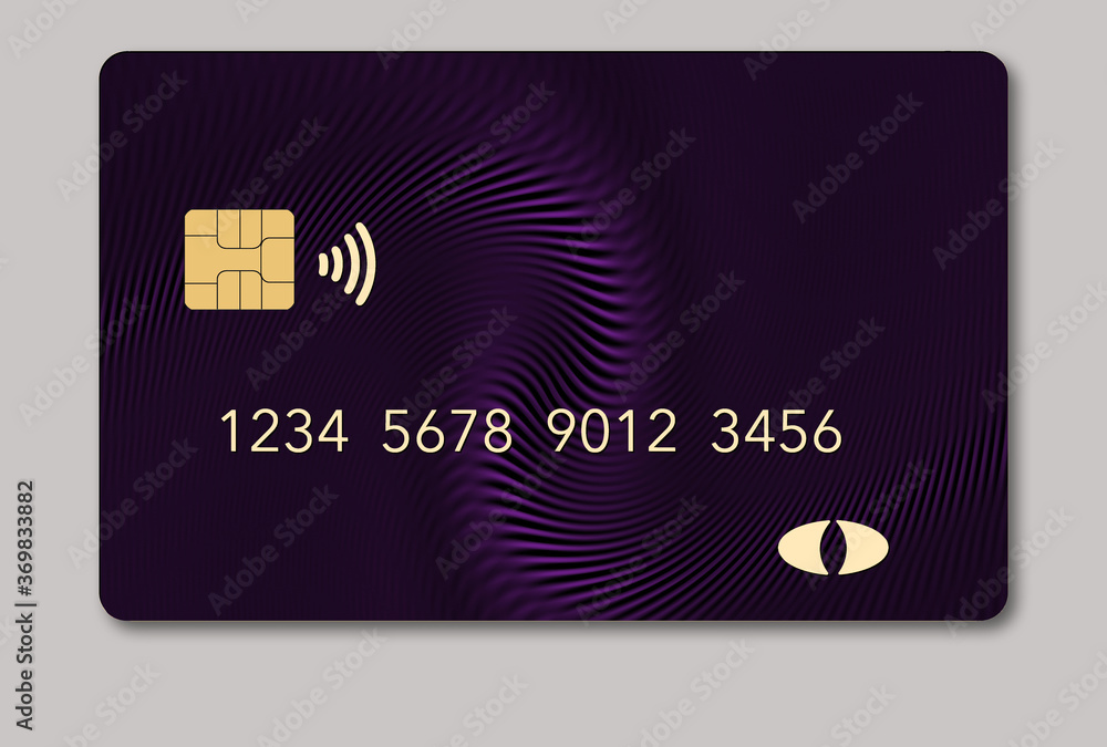 Here is a blank credit or debit card with room for your text. It is colorful with a geometric design and is isolated on a white background. It includes. an EMV chip, generic logo, numbers and NFC icon