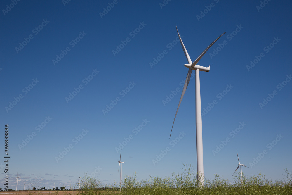 Clean green renewable energy at work in a field of wind turbines in Ontario Canada Clean green renewable energy at work in a field of wind turbines in Ontario Canada