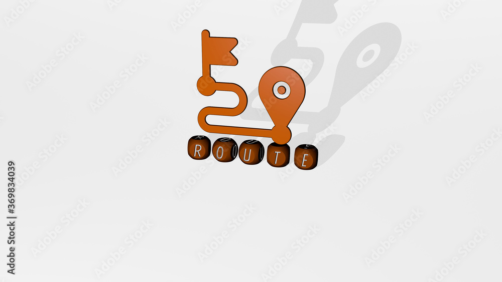 3D representation of ROUTE with icon on the wall and text arranged by metallic cubic letters on a mirror floor for concept meaning and slideshow presentation. illustration and road 3D representation of ROUTE with icon on the wall and text arranged by metallic cubic letters on a mirror floor for concept meaning and slideshow presentation. illustration and road