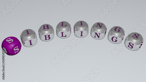 crosswords of siblings arranged by cubic letters on a mirror floor, concept meaning and presentation. boy and children