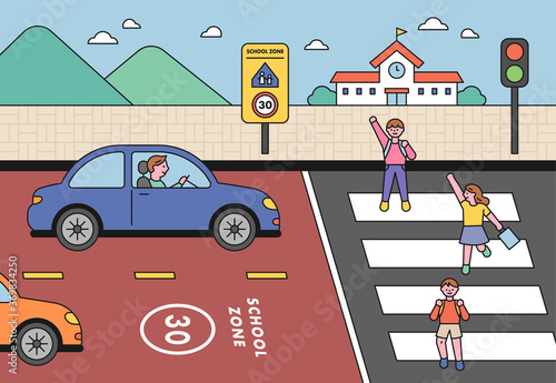 In the school zone, children are crossing a pedestrian crossing with their hands raised. Cars are obeying traffic laws. flat design style minimal vector illustration.