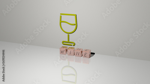 3D representation of wine with icon on the wall and text arranged by metallic cubic letters on a mirror floor for concept meaning and slideshow presentation. background and alcohol