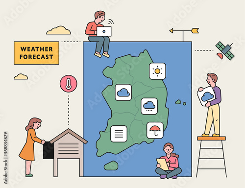 A weather caster reporting with South Korean weather observers. flat design style minimal vector illustration.