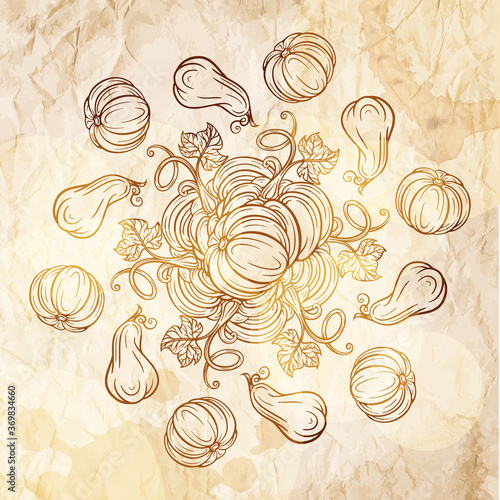 Black and white autumn motif on a grunge paper background. Pumpkins and autumn leaves decorative illustration