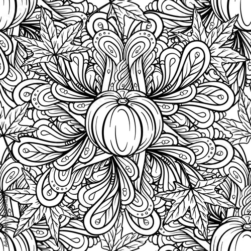 Black and white autumn vector seamless pattern. Pumpkins and autumn leaves background.