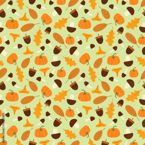 Autumn leaves  mushrooms  nuts and pumpkins. Seamless pattern. Flat vector illustration isolated on green background.