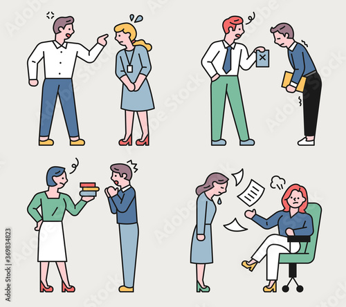 The boss of the company is angry at the employee. flat design style minimal vector illustration.
