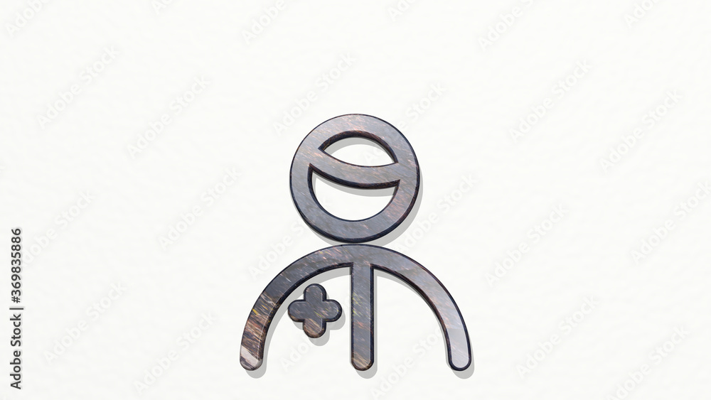PROFESSIONS MAN NURSE from a perspective on the wall. A thick sculpture made of metallic materials of 3D rendering. illustration and icon PROFESSIONS MAN NURSE from a perspective on the wall. A thick sculpture made of metallic materials of 3D rendering. illustration and icon