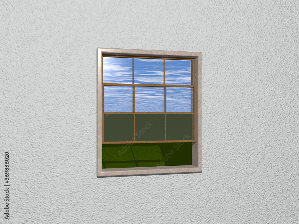 Fototapeta premium 3D illustration of sash window opened to green lawn and cloudy blue sky from mint cream wall. stone and wood materials. background and fresh