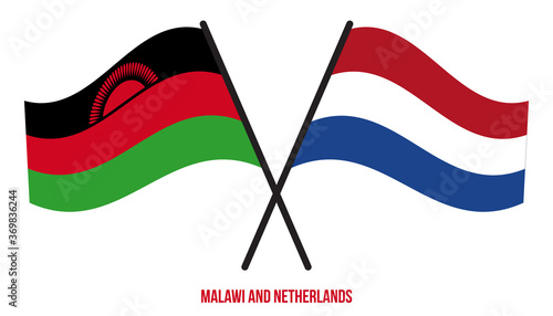 Malawi and Netherlands Flags Crossed And Waving Flat Style. Official Proportion. Correct Colors.