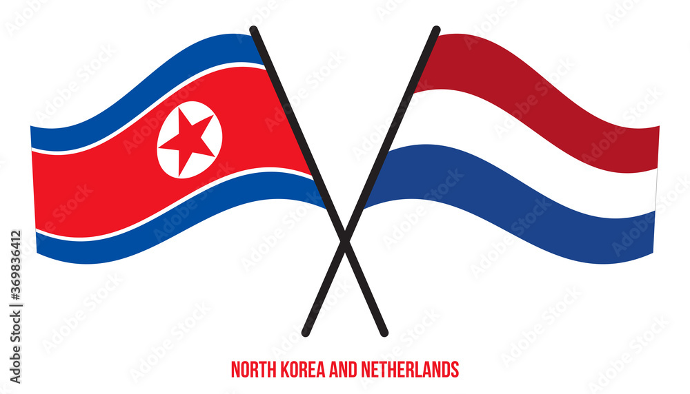 North Korea and Netherlands Flags Crossed And Waving Flat Style. Official Proportion. Correct Colors