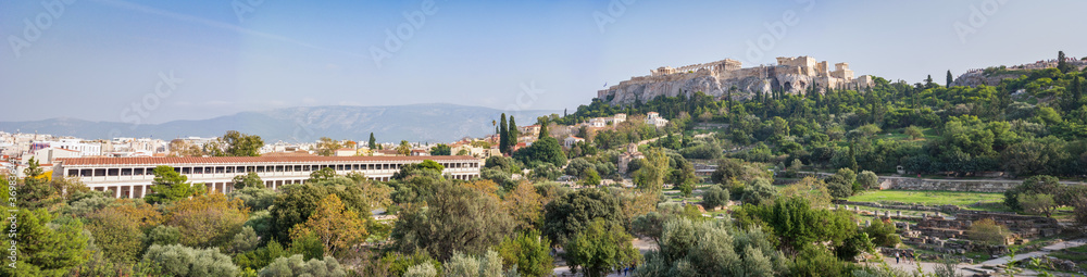 View from Ancient Athenian Agora, panoramic view of the Stoa of Attalos and the Acropolis of Athens, essence of Athens