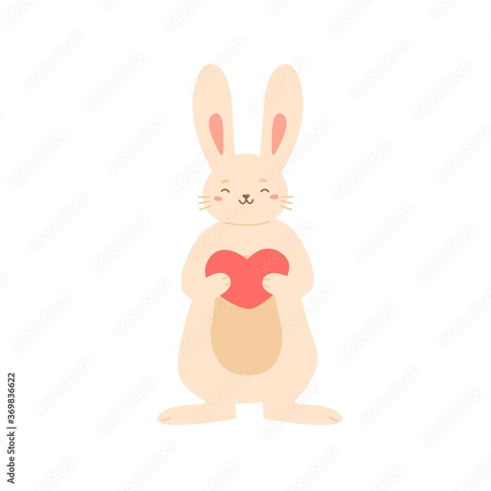Adorable rabbit standing holding big heart vector flat illustration. Happy cute bunny enjoy love, tenderness and best feeling isolated on white. Joyful romantic animal decorated with design elements Adorable rabbit standing holding big heart vector flat illustration. Happy cute bunny enjoy love, tenderness and best feeling isolated on white. Joyful romantic animal decorated with design elements