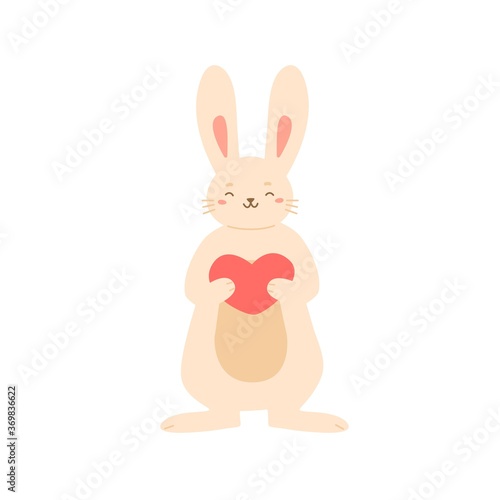 Adorable rabbit standing holding big heart vector flat illustration. Happy cu...