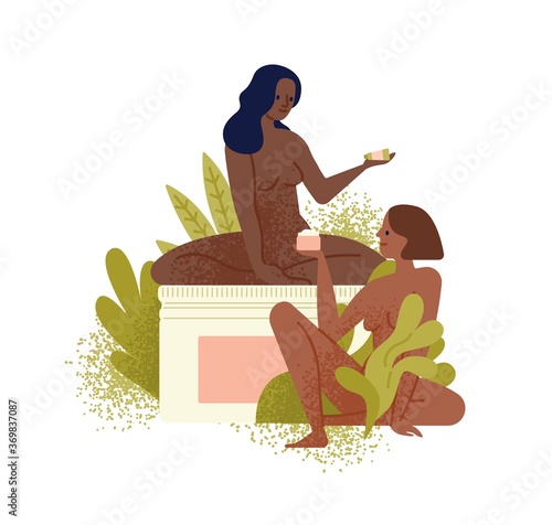 Two black skin women hold tube with organic care product vector flat illustration. Sexy female with naked body sitting on giant jar with moisturizing cream surrounded by tropical leaves isolated