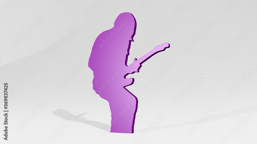 ROCK GUITARIST made by 3D illustration of a shiny metallic sculpture on a wall with light background. landscape and beautiful