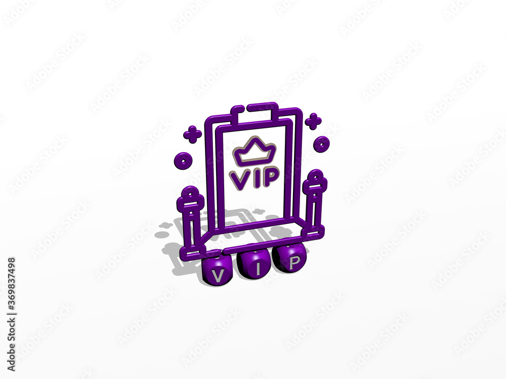 3D representation of VIP with icon on the wall and text arranged by metallic cubic letters on a mirror floor for concept meaning and slideshow presentation. illustration and background 3D representation of VIP with icon on the wall and text arranged by metallic cubic letters on a mirror floor for concept meaning and slideshow presentation. illustration and background