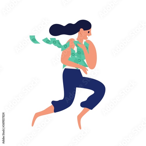 Happy woman running with heap of cash vector flat illustration. Lucky female ...
