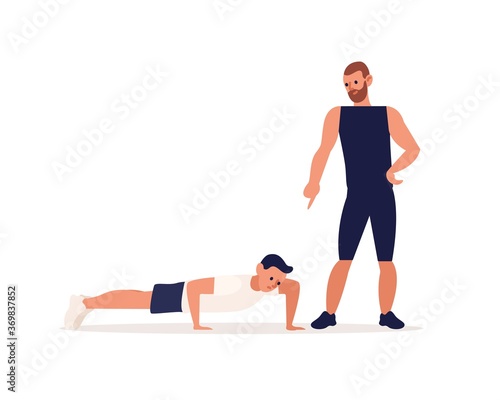 Personal male coach and client guy at training vector flat illustration. Man performing push ups or physical exercise with trainer support isolated. People enjoy sports and healthy lifestyle