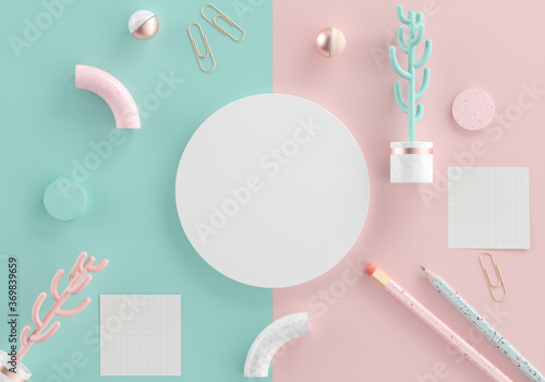 Top view of white circular with copy space for text, cactus, paper clip, note, sphere, pencil and geometric objects on pastel background. Minimal 3D Render illustration.