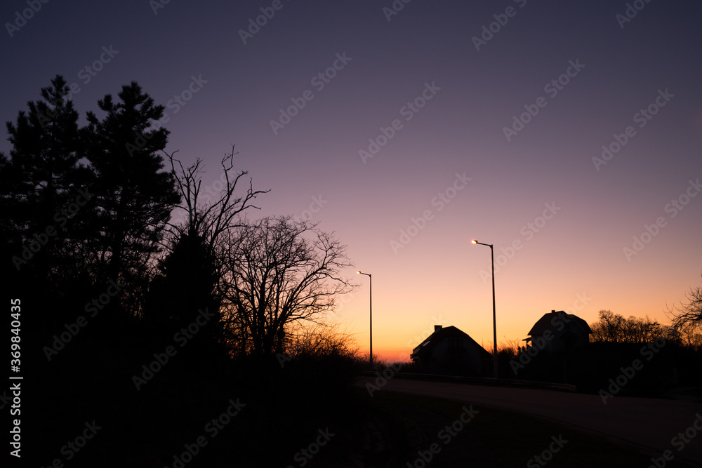 Obraz premium silhouette of houses at sunset on Bence Hill in Velence