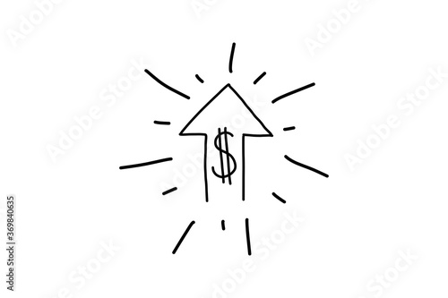 dollar money sign symbol with doodle hand drawn style. rate increase icon with stretching arrow up. rising prices. investment growth vector illustration