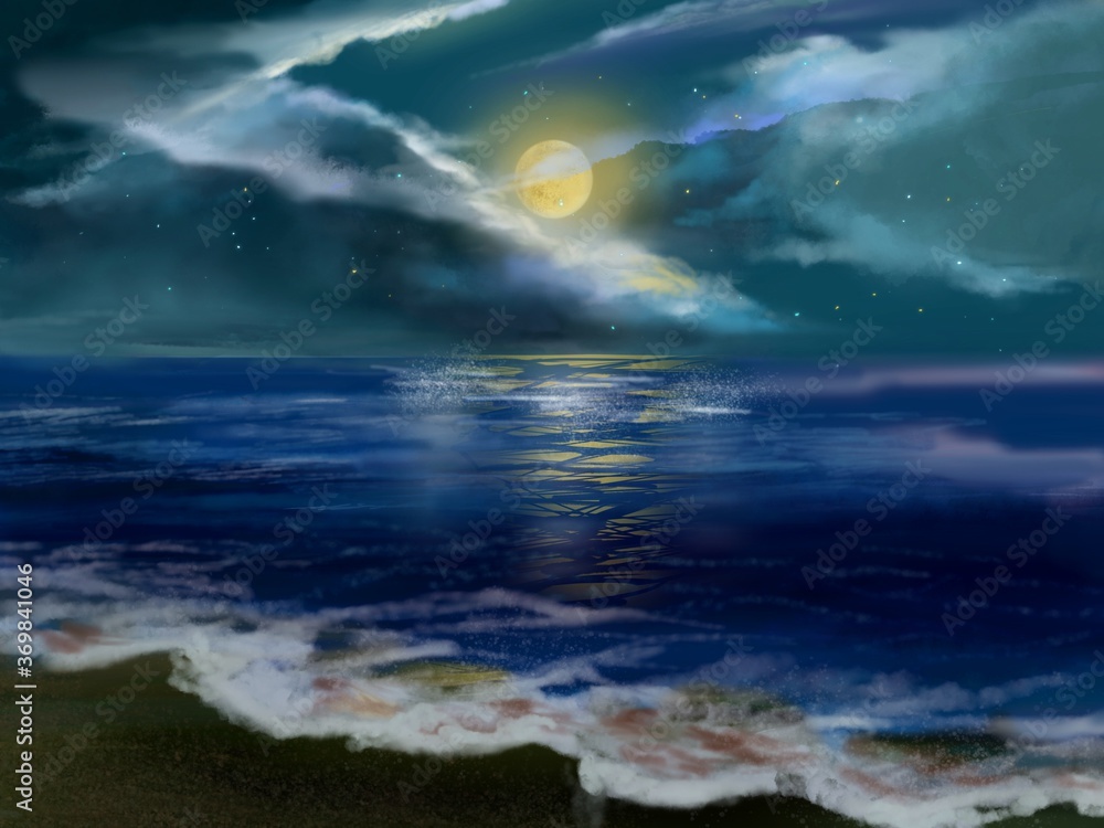 Fototapeta premium light of beautiful full moon reflected on calm ocean