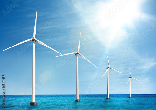 Floating wind turbines installed in sea. Alternative energy source