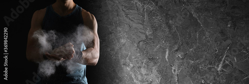 Panel kuchenny z motywem Collage with photo of strong man applying magnesium powder in modern gym and grunge surface. Banner design, space for text