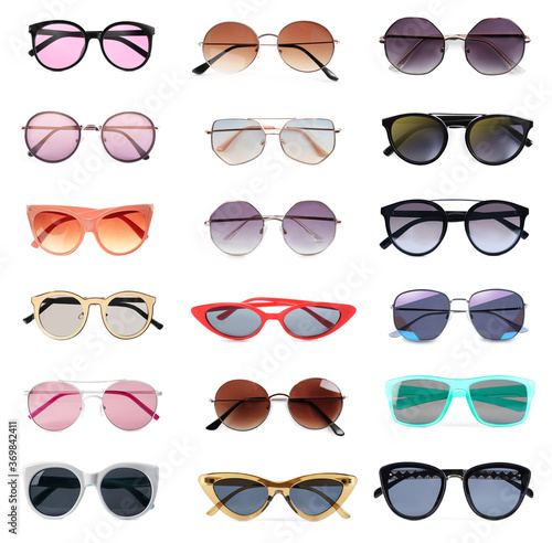 Foto Collage with different stylish sunglasses on white background