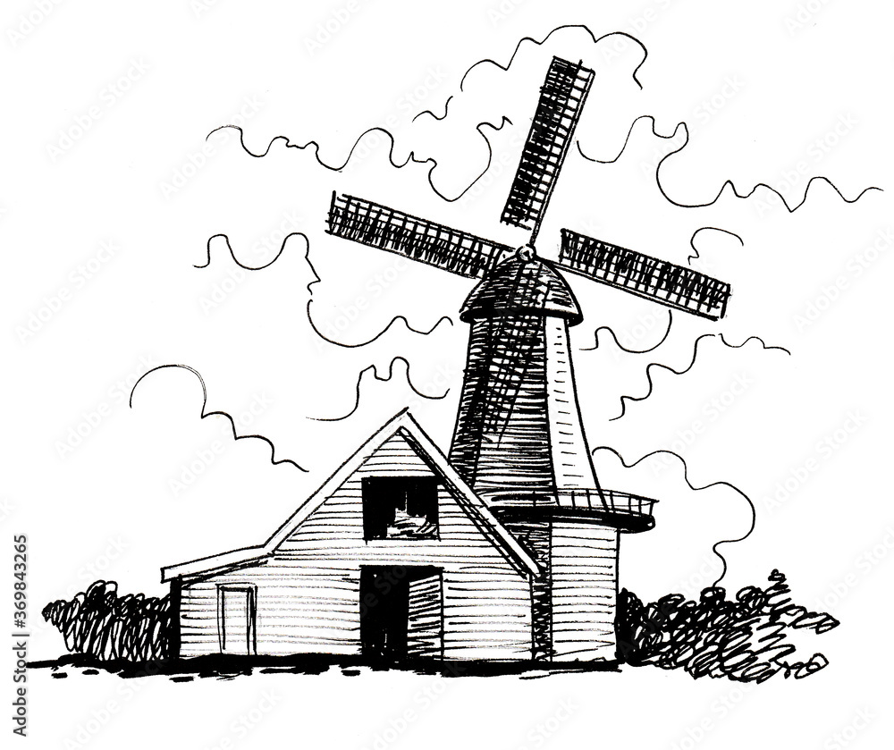 Ink black and white drawing of a windmill and farm house