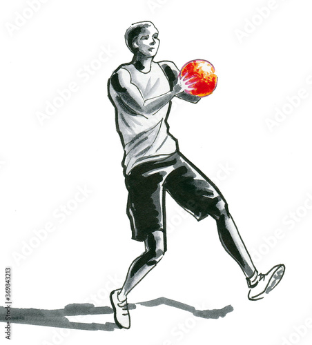 Young black man playing basketball. Ink and watercolor drawing