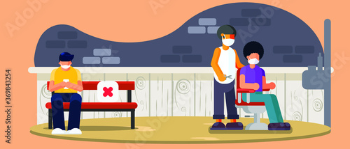 New normal and social distancing concept. People wear medical mask 
     and keep distance at the barber shop ,both the cutters and customers must 
     wear medical flat vector design
