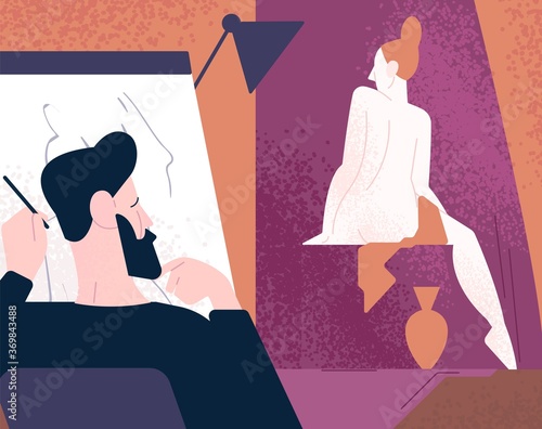 Bearded creative male drawing naked live model vector flat illustration. Man ...
