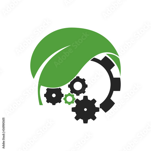 Gears or cogs and leaf flat style icon. Isolated on white background. 