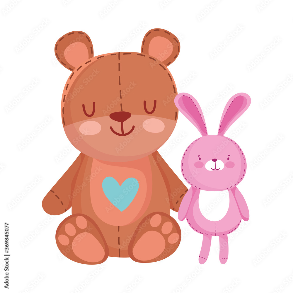 toys object for small kids to play cartoon, cute teddy bear and pink bunny