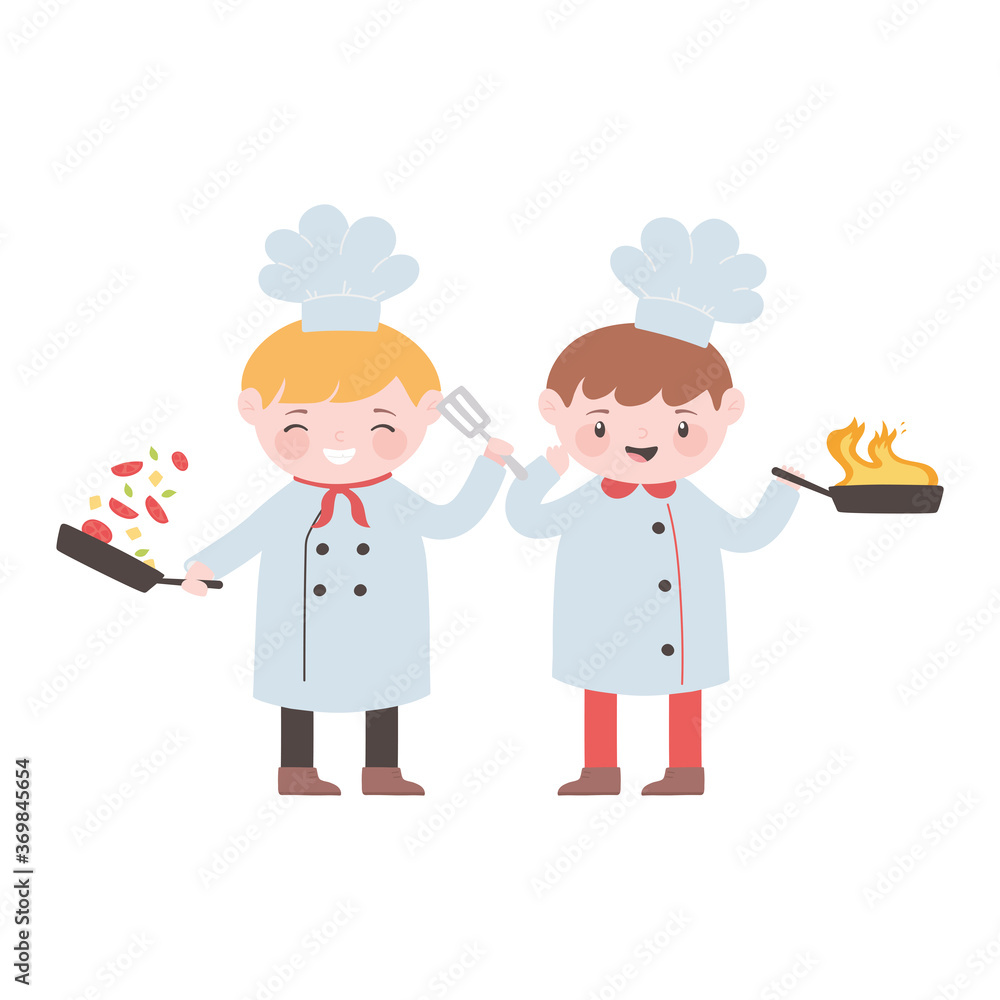 chefs boys with saucepan in flame and vegetables cartoon character chefs boys with saucepan in flame and vegetables cartoon character