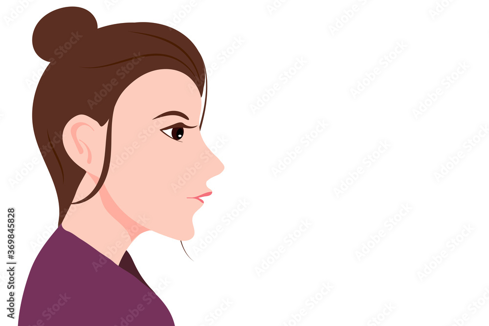 Portrait of beautiful brunette woman With Long Hair, Asian woman head in profile , Vector Flat Illustration Portrait of beautiful brunette woman With Long Hair, Asian woman head in profile , Vector Flat Illustration