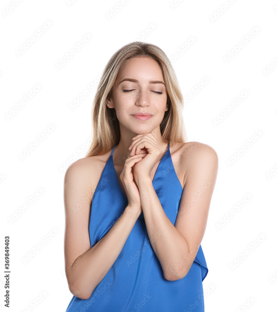 Portrait of beautiful young woman with blonde hair on white background Portrait of beautiful young woman with blonde hair on white background