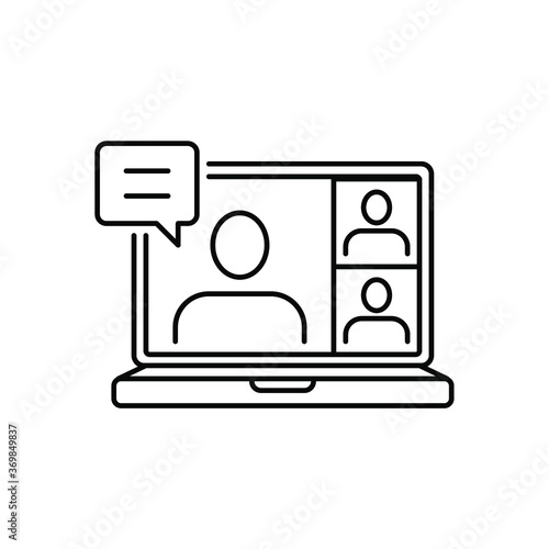 Webinar, online meeting. Consulting Virtual classroom. Computer screen with teacher talking, online education. Video player class streaming. Line Vector illustration Design on white background. EPS 10