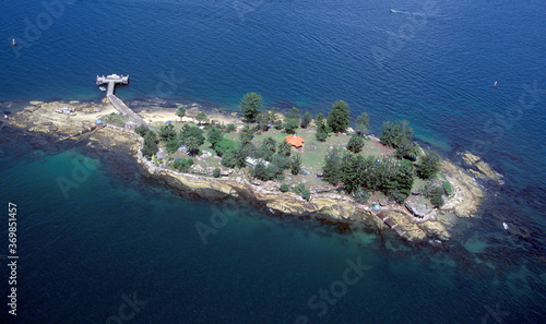 Photography aerial view of shark island in Sydney harbour, Australia.