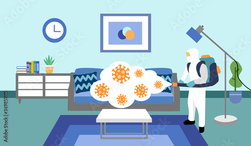 A man in hazmat suit spraying and disinfecting covid19 Coronavirus cells epidemic outbreak. Virus disinfection prevention vector illustration. Cleaning virus, bacteria and germs in the living room.