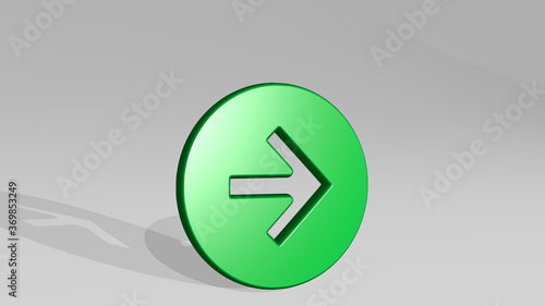 Free Download arrow thick circle right stand with shadow. 3D illustration of metallic sculpture over a white background with mild texture. icon and design - GFXLoad
