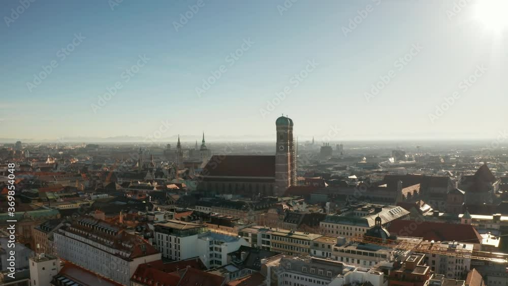 Amazing aerial approach to the Frauenkirche in Munich, Germany Amazing aerial approach to the Frauenkirche in Munich, Germany