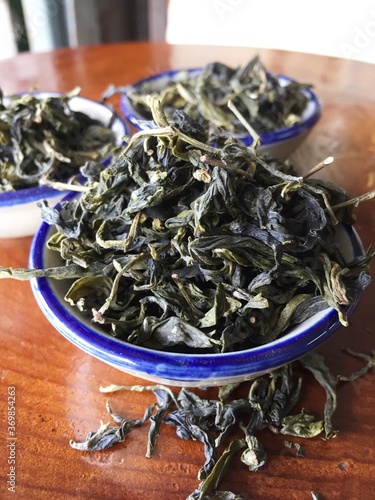 Dried green tea leaves are use for drinking