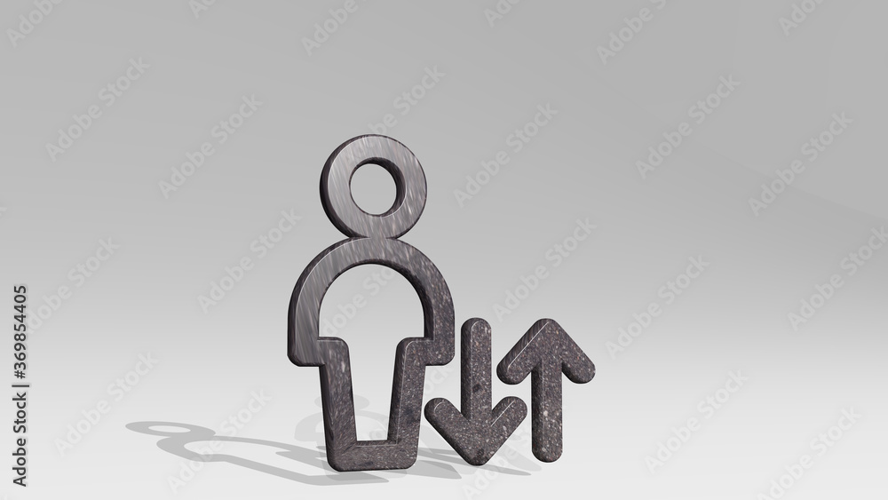 single neutral actions up down casting shadow with two lights. 3D illustration of metallic sculpture over a white background with mild texture. icon and isolated single neutral actions up down casting shadow with two lights. 3D illustration of metallic sculpture over a white background with mild texture. icon and isolated