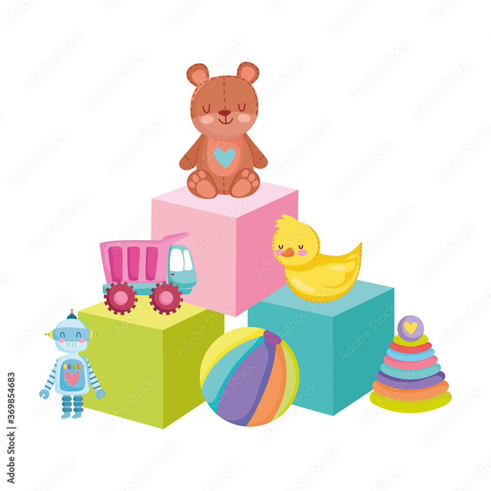 toys object for small kids to play cartoon, bear duck truck ball robot and pyramid on blocks toys object for small kids to play cartoon, bear duck truck ball robot and pyramid on blocks